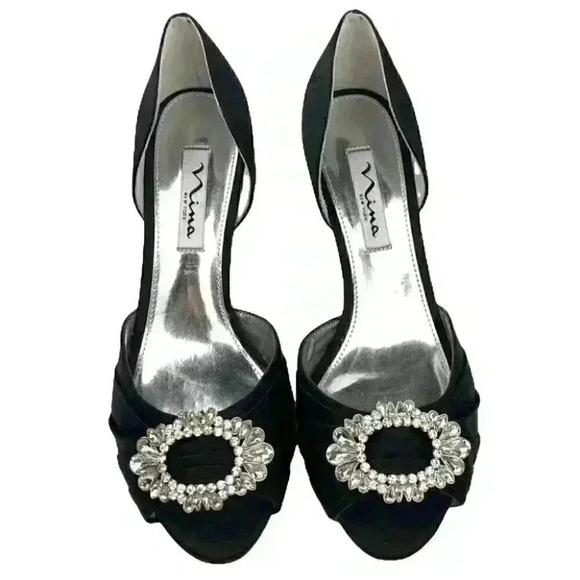 New Nina heels size 7 W 37 black satin gem peep toe formal mother of the bride - Picture 1 of 12